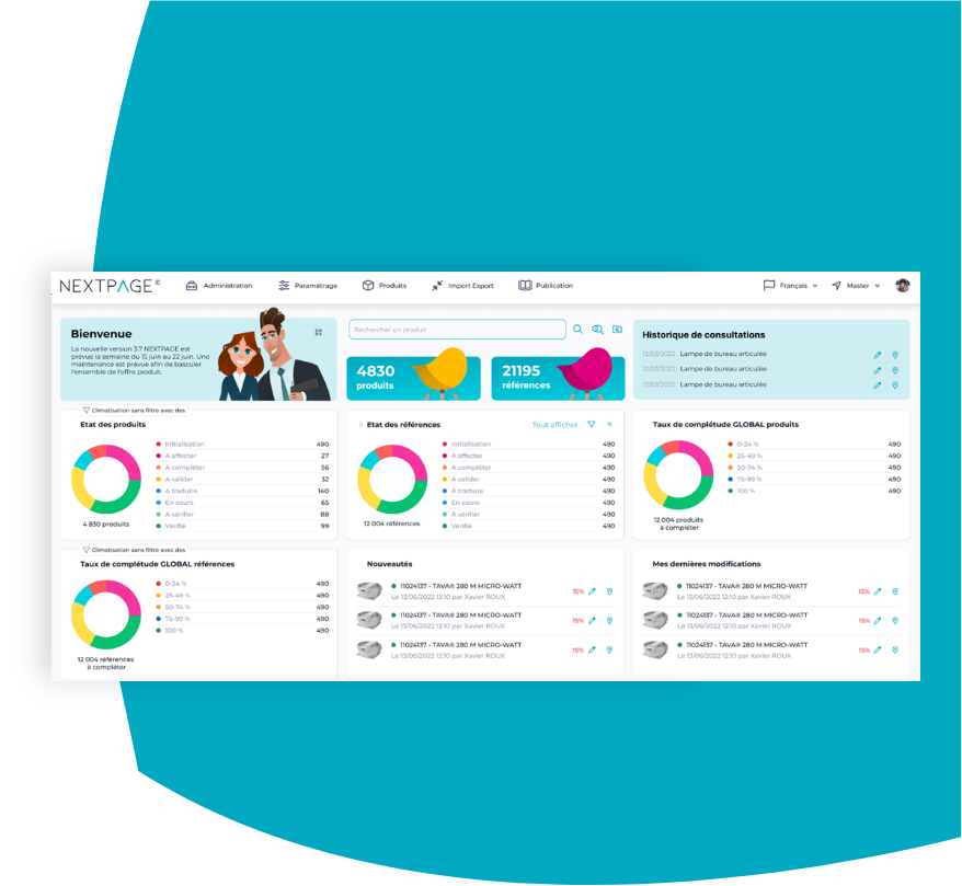 Dashboard de la solution PIM/DAM/PUBLICATION NEXTPAGE